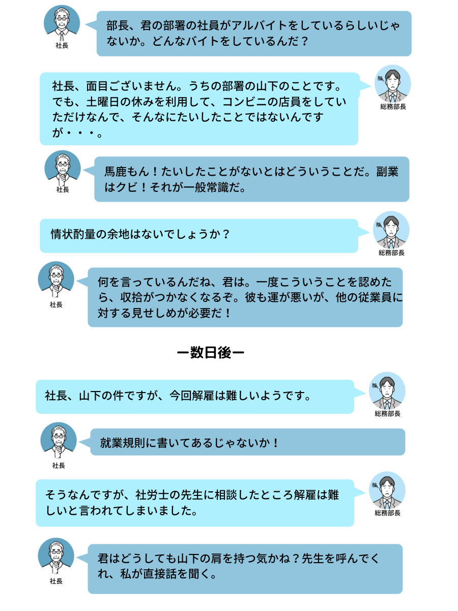 社 長 : 部長、君の部署の社員がアルバイトをしているらしいじゃないか。どんなバイトをしているんだ? 総務部長 : 社長、面目ございません。うちの部署の山下のことです。でも、土曜日の休みを利用して、コンビニの店員をしていただけなんで、そんなにたいしたことではないんですが・・・。 社 長 : 馬鹿もん!たいしたことがないとはどういうことだ。副業はクビ!それが一般常識だ。 総務部長 : 情状酌量の余地はないでしょうか? 社 長 : 何を言っているんだね、君は。一度こういうことを認めたら、収拾がつかなくなるぞ。彼も運が悪いが、他の従業員に対する見せしめが必要だ! (数日後) 総務部長 : 社長、山下の件ですが、今回解雇は難しいようです。 社 長 : 就業規則に書いてあるじゃないか! 総務部長 : そうなんですが、社労士の先生に相談したところ解雇は難しいと言われてしまいました。 社 長 : 君はどうしても山下の肩を持つ気かね?先生を呼んでくれ、私が直接話を聞く。