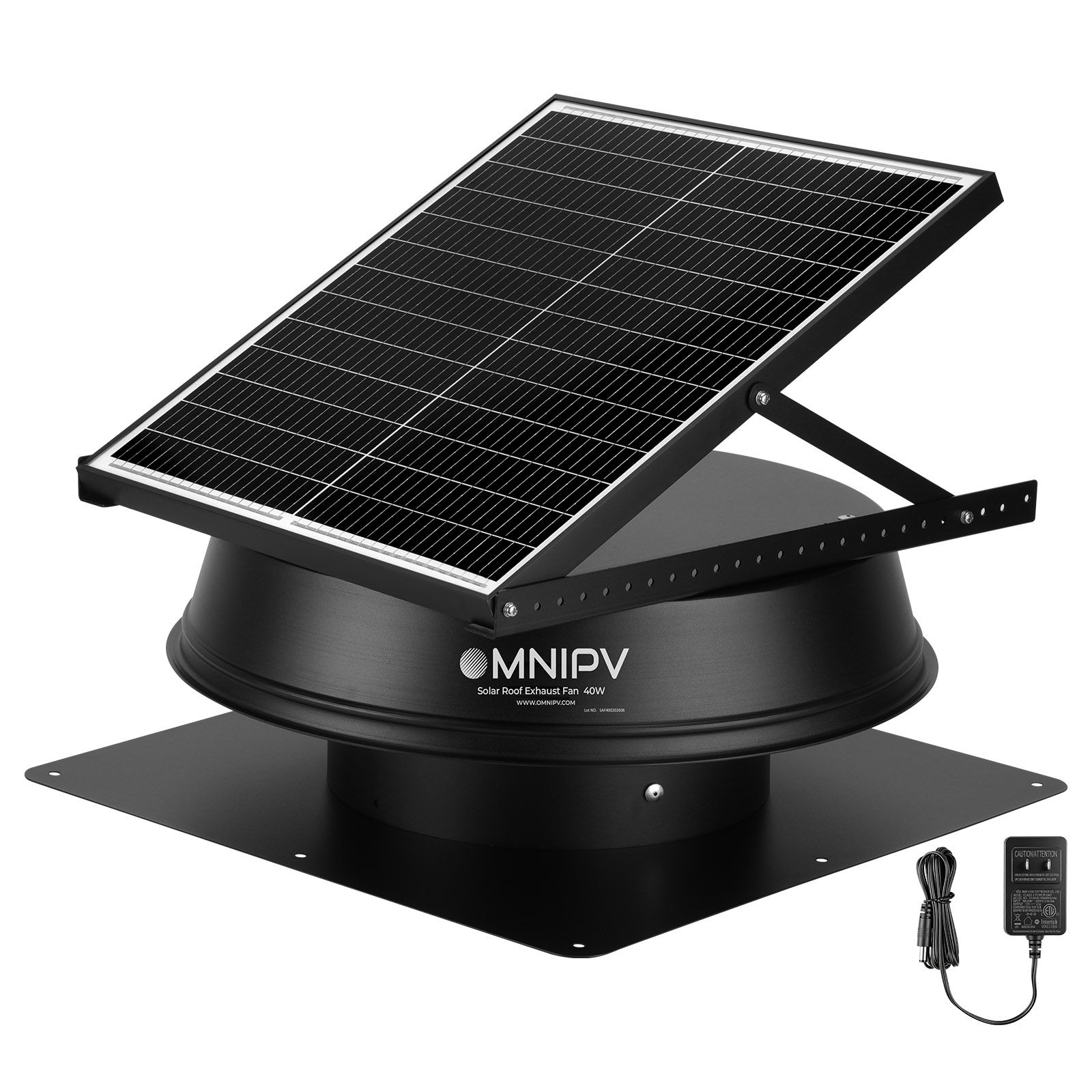 OmniPV 2100 CFM 40W Solar Roof Exhaust Fan with Thermostat and Power Ada
