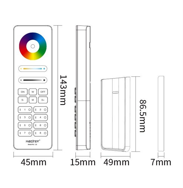 Telecomando bianco RGB+CCT 8 zone 2,4ghz distanza 30 m alimentazione 2xaaa