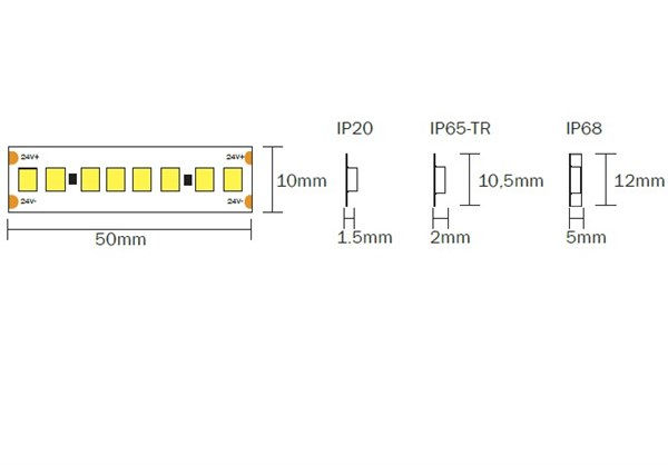 Strip LED flex 210led/m 2835 IP65-tr luce calda 2700K 19,2W/m 24V 2500 lm/m
