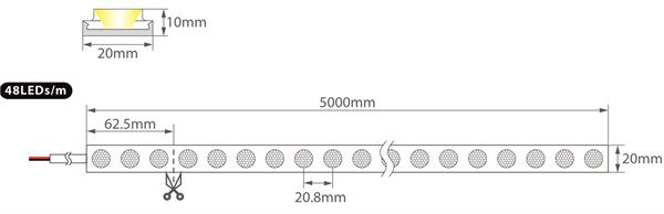 LED flex neon con lenti wall washer 25°x45° 48 led/mt IP67 2700K 18W/m 24V 1680