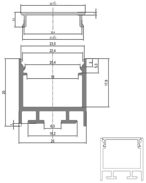 Profilo in alluminio da appoggio alto con cover opaca 25x25x2000mm