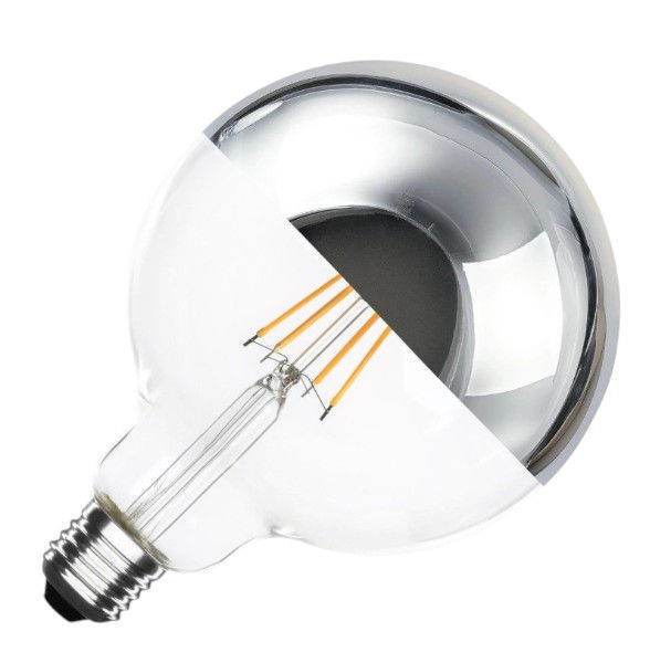 Lampada LED E27 g125 8W con rivestimento riflettente cromo