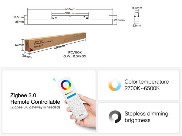Miniatura: Barra lineare binario nero 48V 60cm 24W CCT variabile RF + zigbee 120° 1380 lm