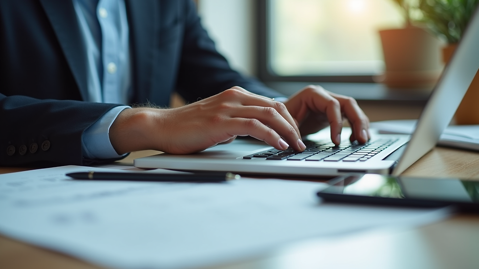 Close-up view of a person typing on a laptop keyboard with legal documents nearby