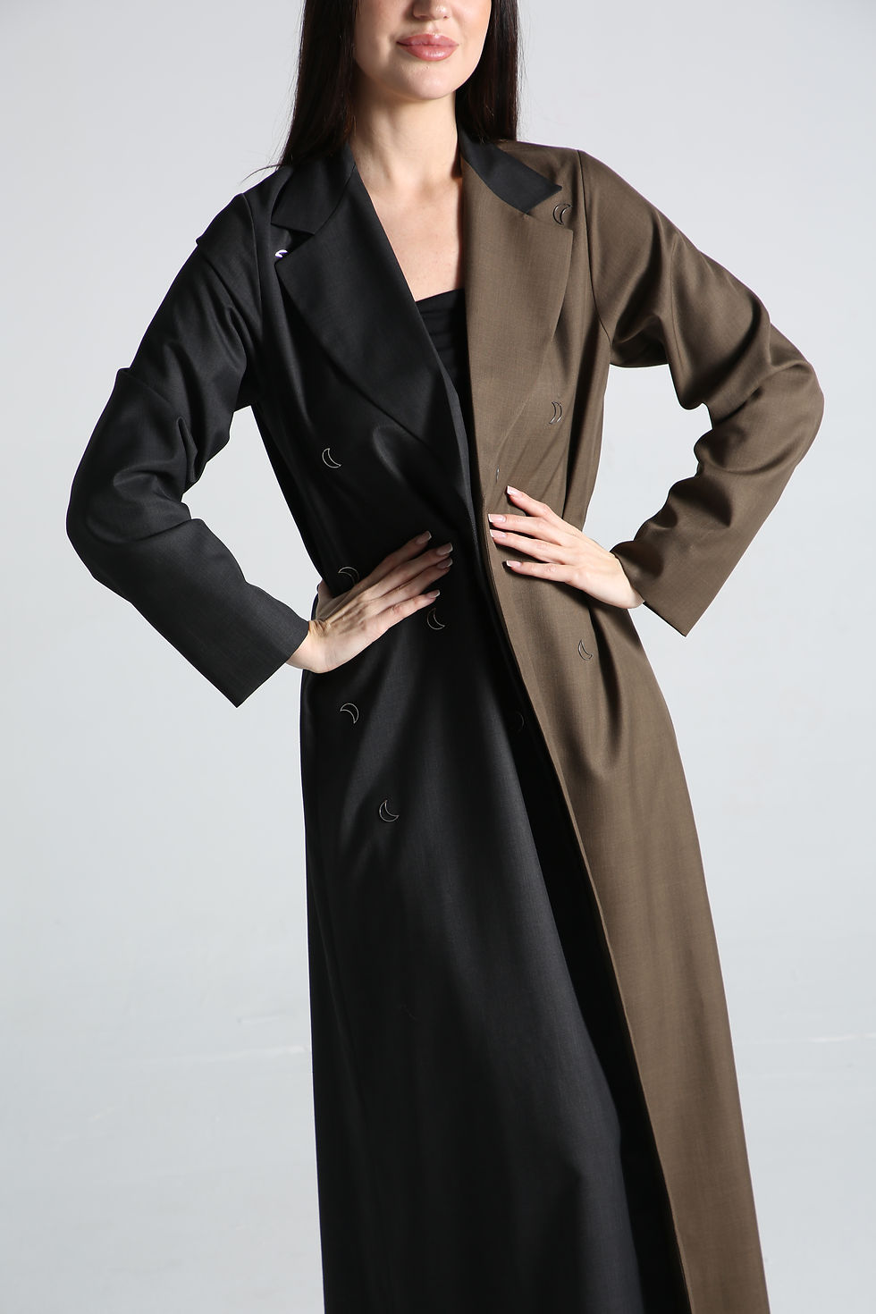 Thumbnail: Black & Brown Two tone daily Abaya embellished with metal Moon