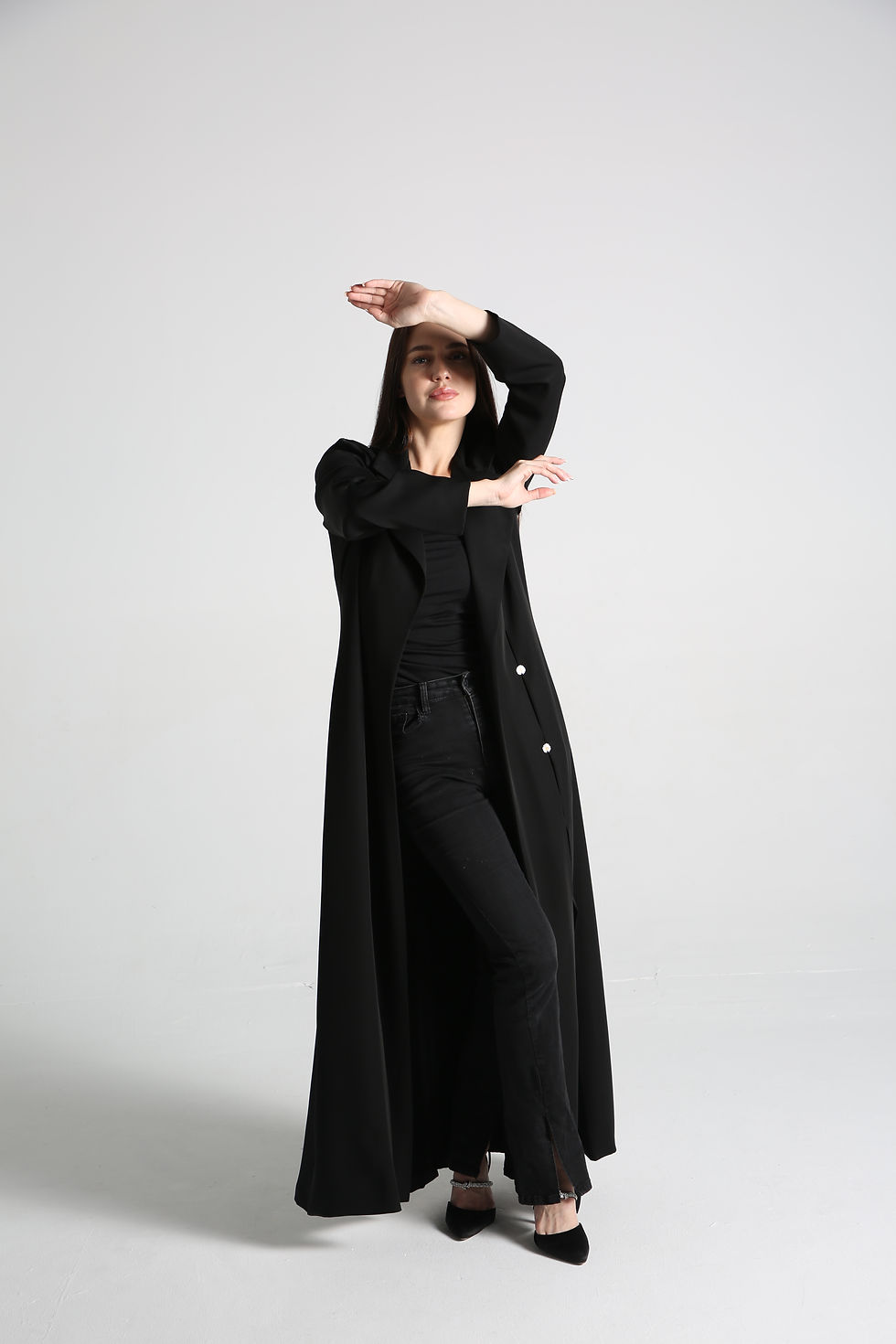 Thumbnail: Black Crepe daily Abaya embellished with metal flowers