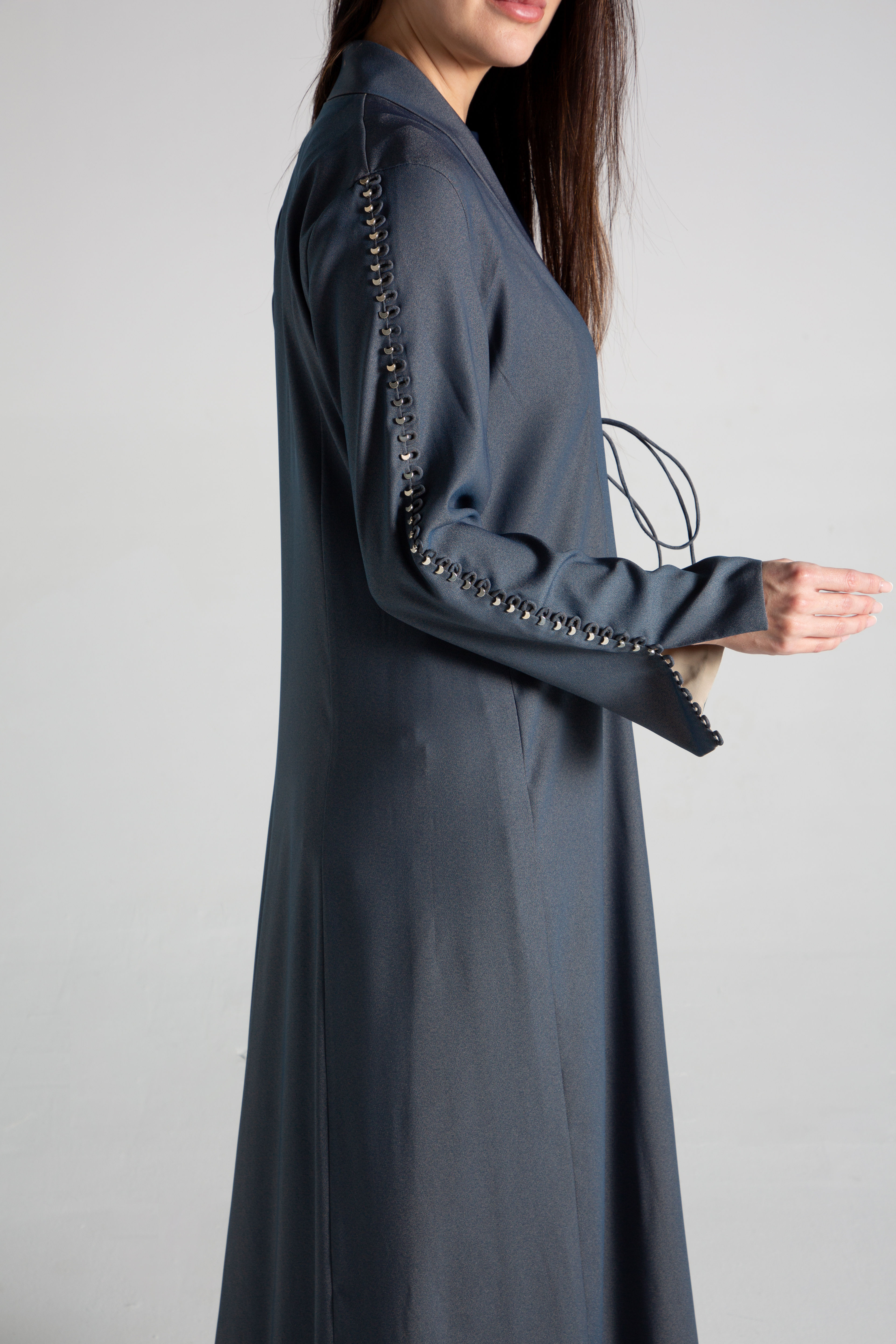 Embellished Sleeve Blue Abaya in Crepe Satin