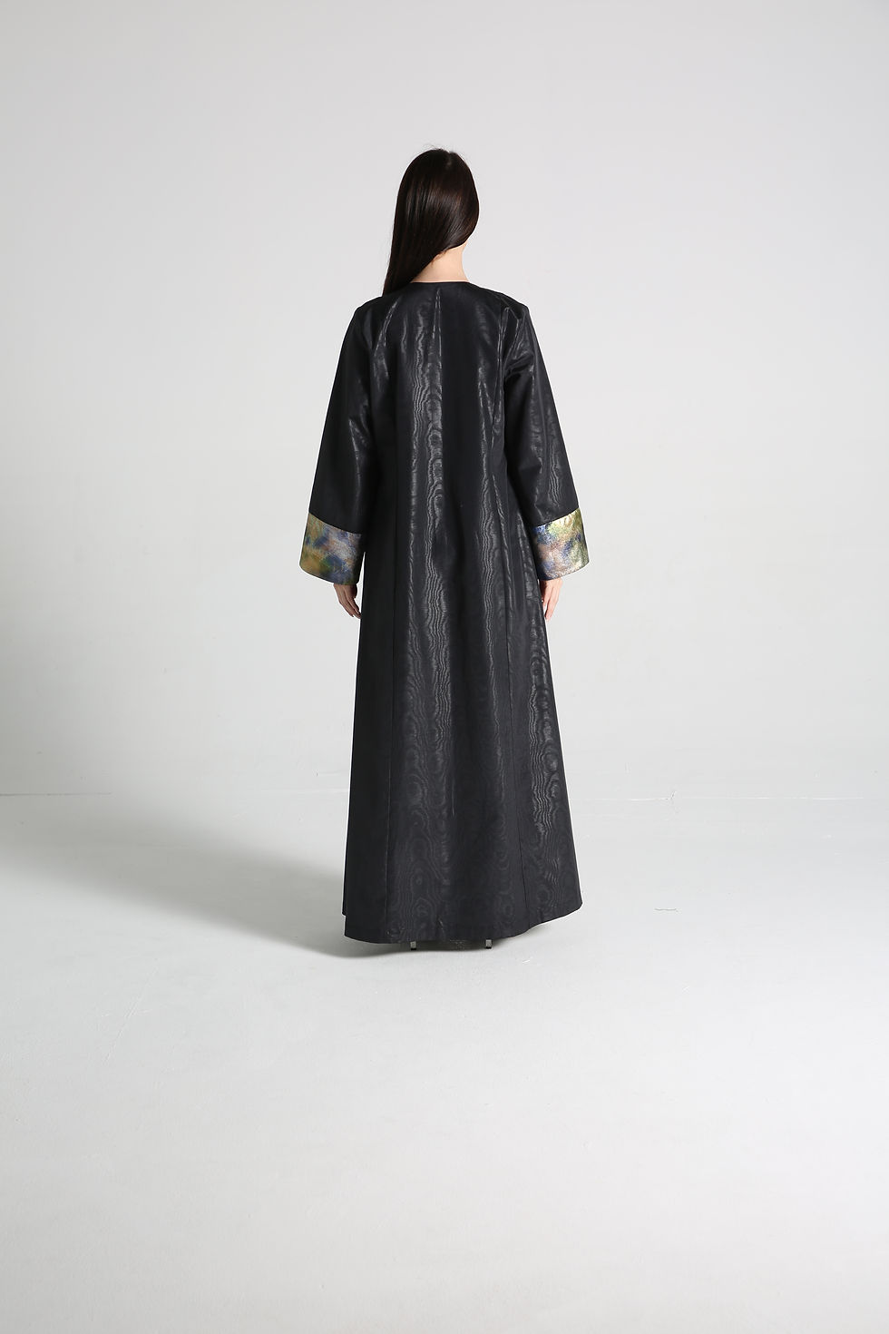 Thumbnail: Black Moire Abaya with sleeves details