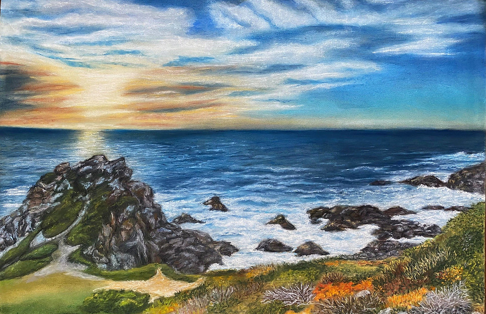 Painting of a sunset over a rocky coastline with wildflowers