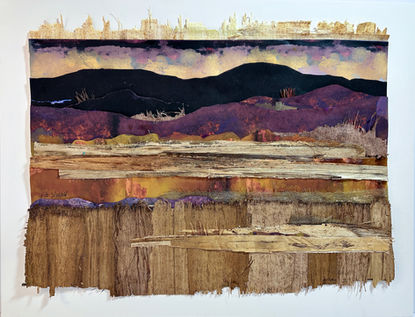Dark blue/black mountains and purple foothills with textured land .