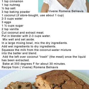 a recipe card featuring the recipe, a picture of Vivene, and a picture of the coconut breadfruit bread