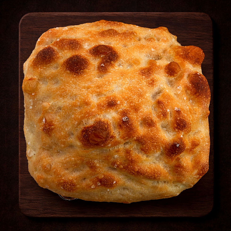 Sea salt sourdough focaccia with olive oil crust and salt flakes