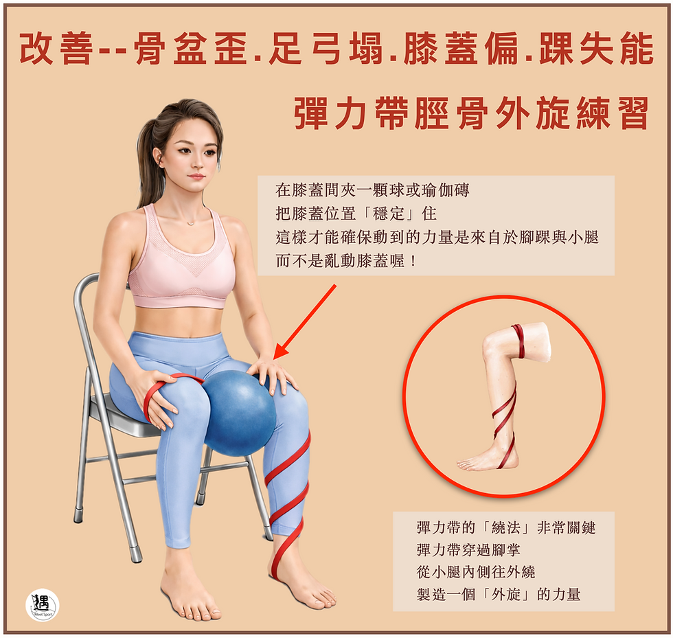 彈力帶脛骨外旋練習，改善骨盆歪 足弓塌 膝蓋偏 與踝失能