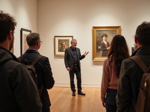 Museum guide guiding visitors through an art exhibit in NYC