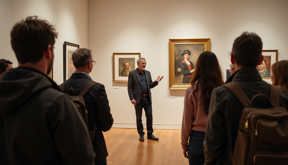 Museum guide guiding visitors through an art exhibit in NYC