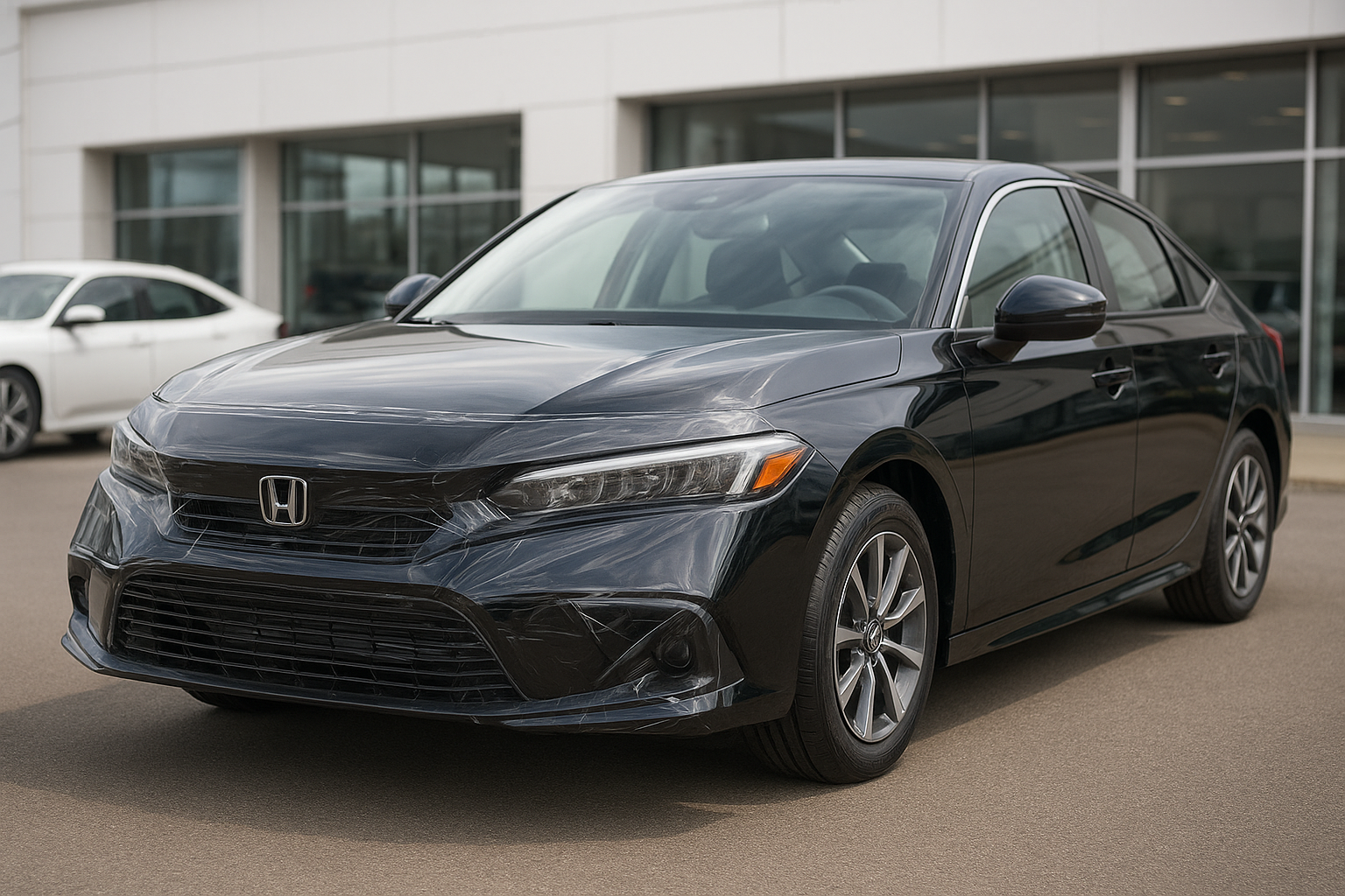 New Honda sedan with glossy paint protected by clear paint protection film on the front bumper and hood in a dealership setting.