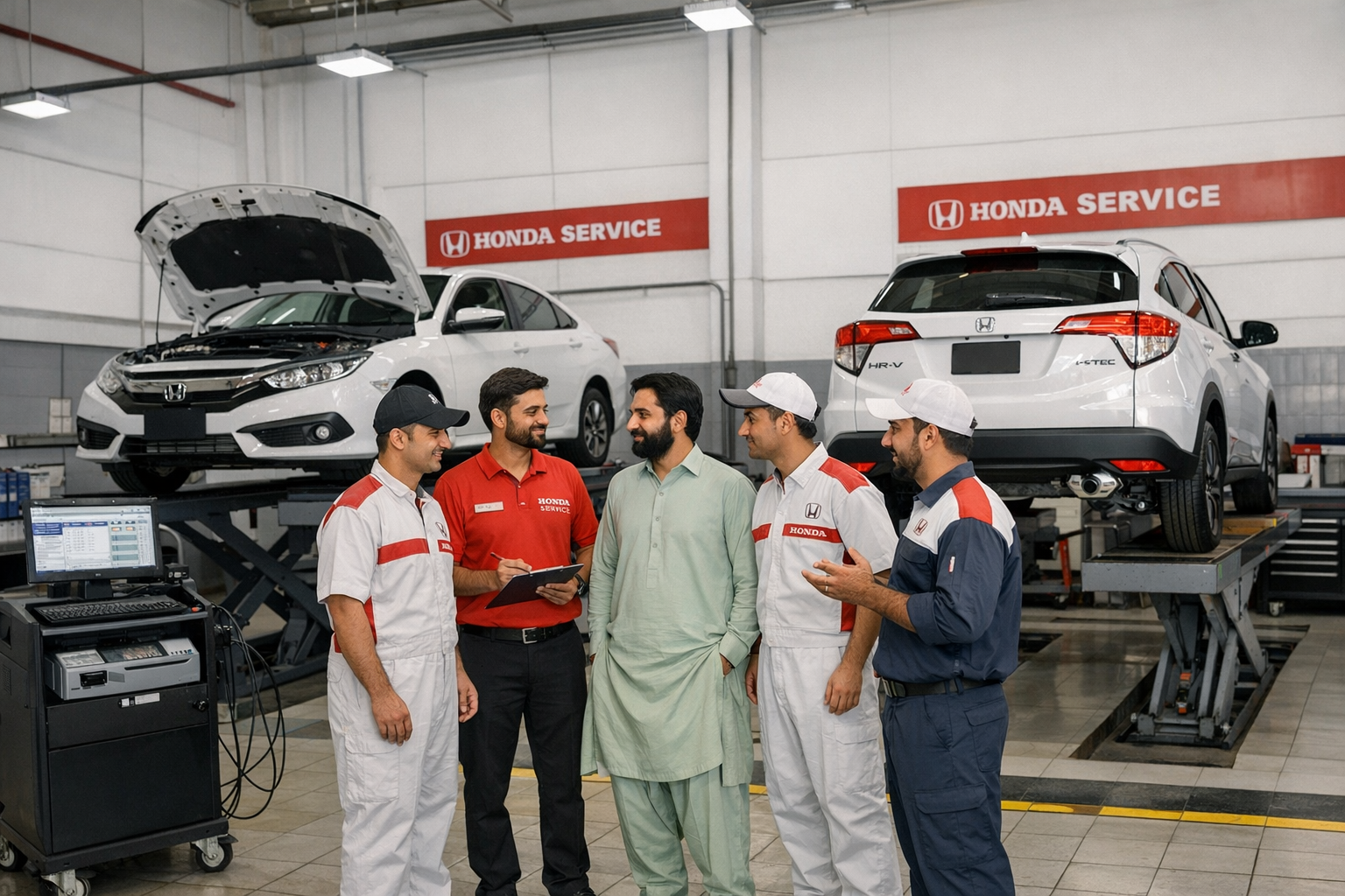 Honda Civic and Honda HR-V being inspected by certified technicians at an authorized Honda service center.