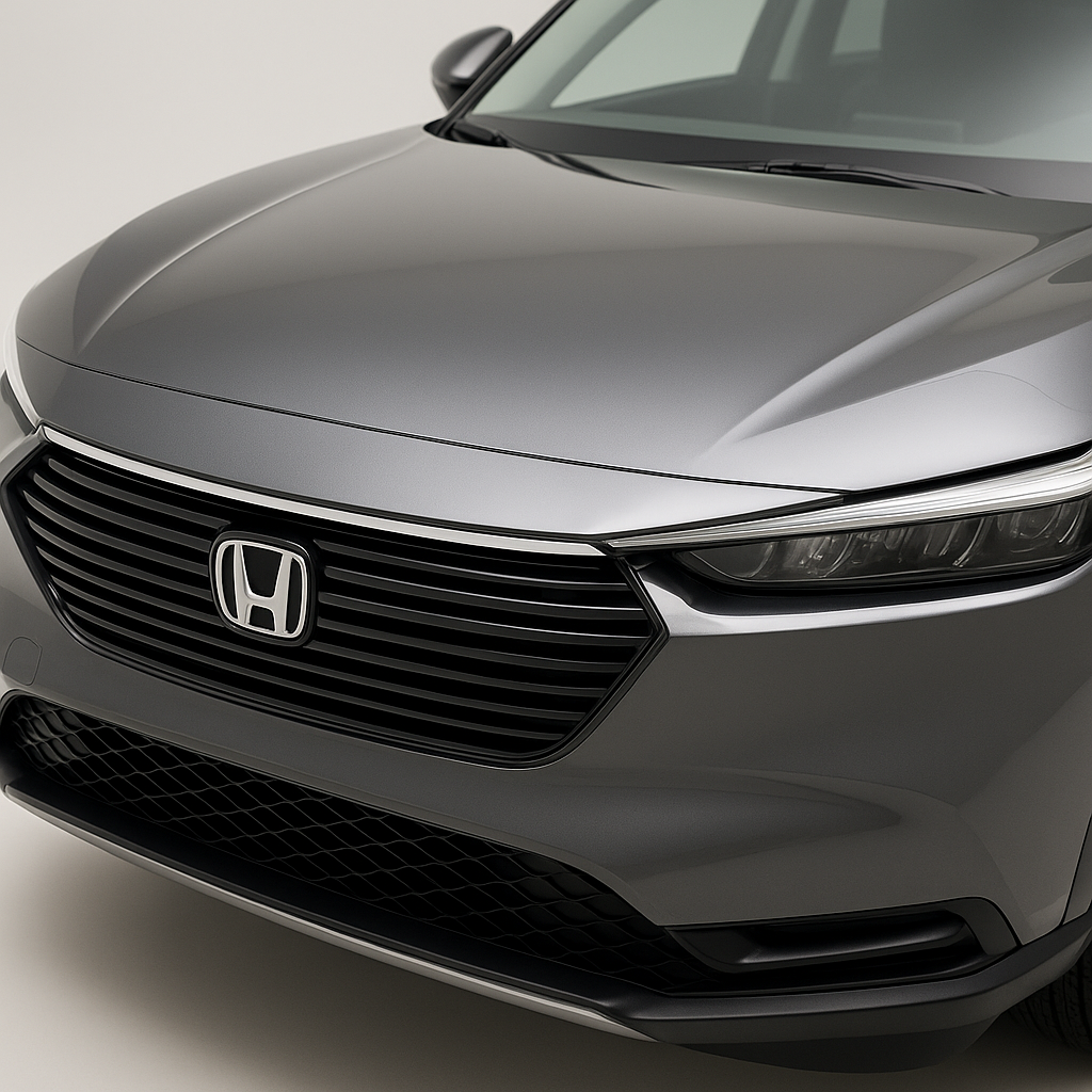 New Honda sedan with glossy paint protected by clear paint protection film on the front bumper and hood in a dealership setting.