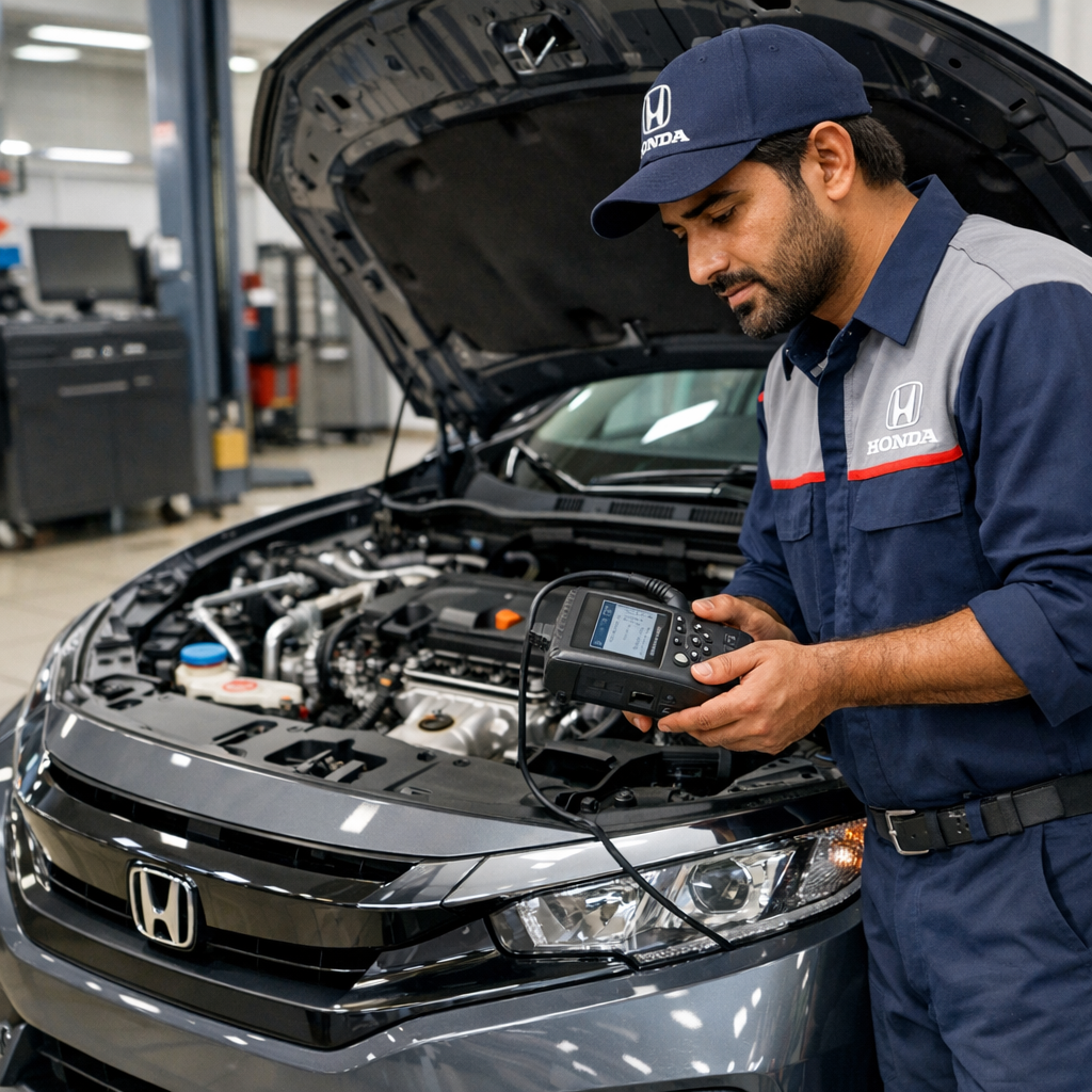 Honda Civic and Honda HR-V being inspected by certified technicians at an authorized Honda service center.