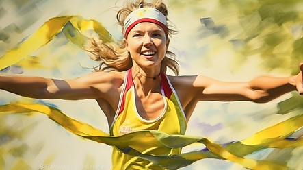 A woman wins the running race, victory, peak performance, sports mindset