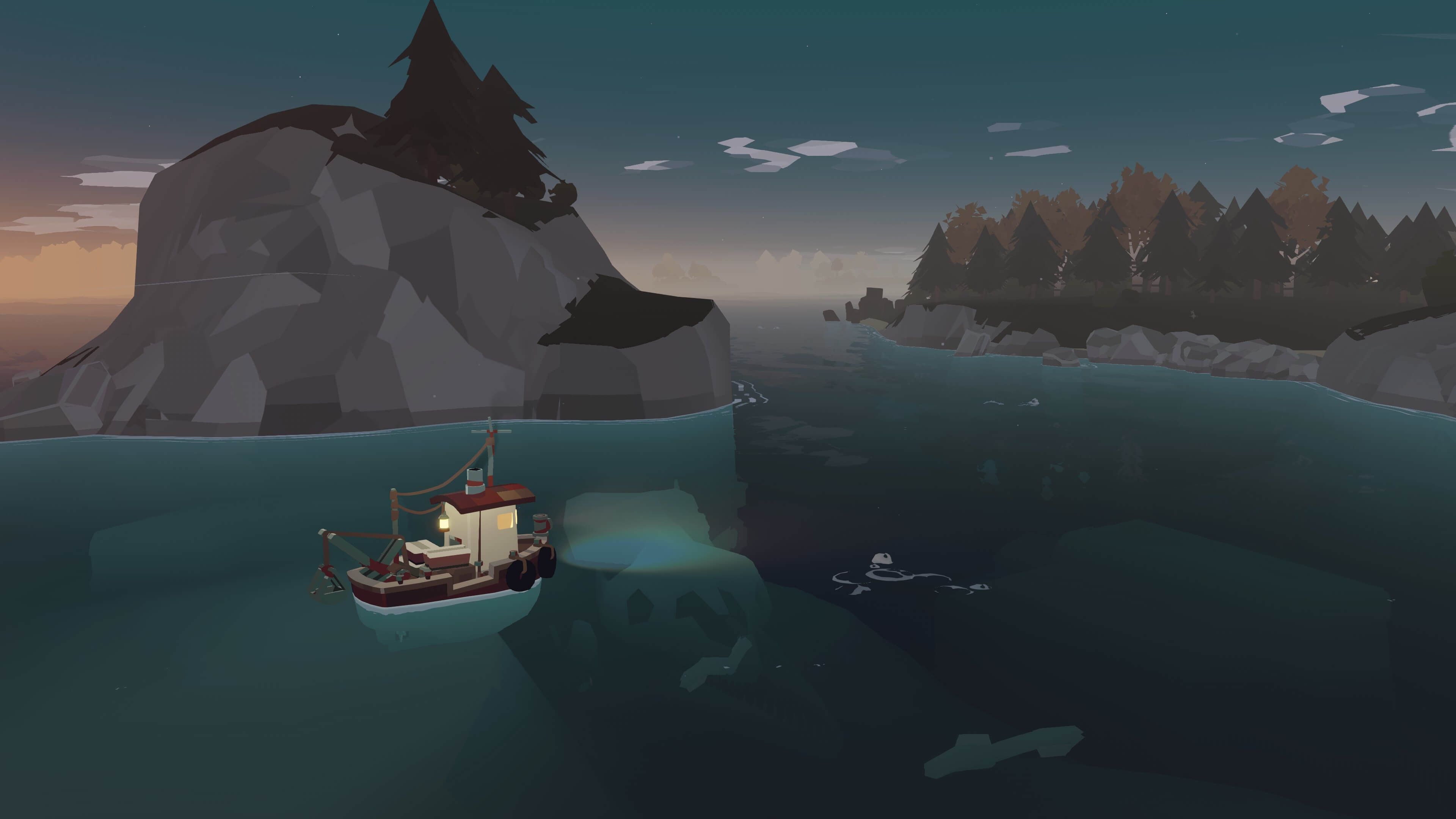Dredge boat sailing at night near dangerous rocks