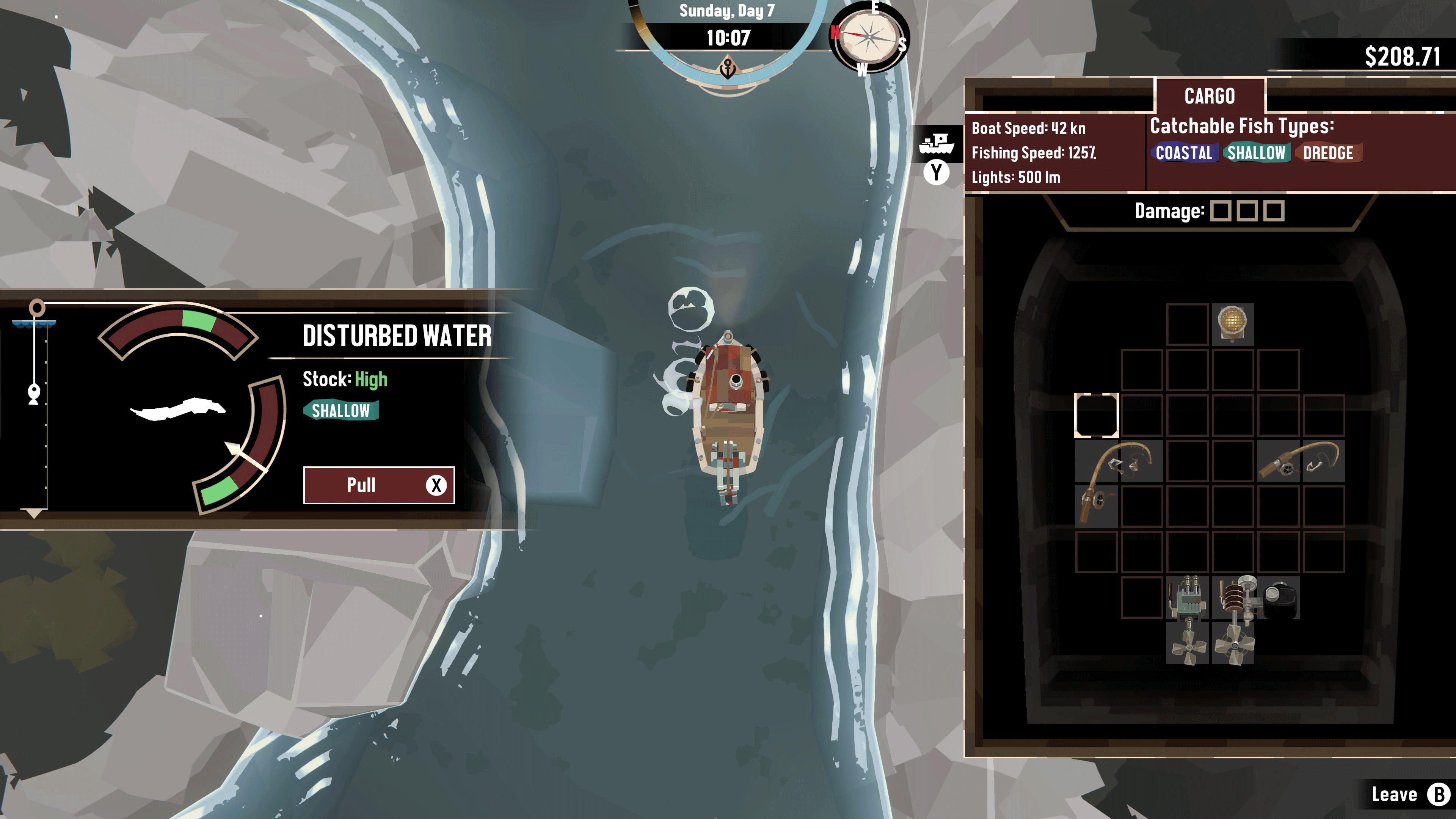 Dredge cargo hold with fish, equipment, and free slots during a trip
