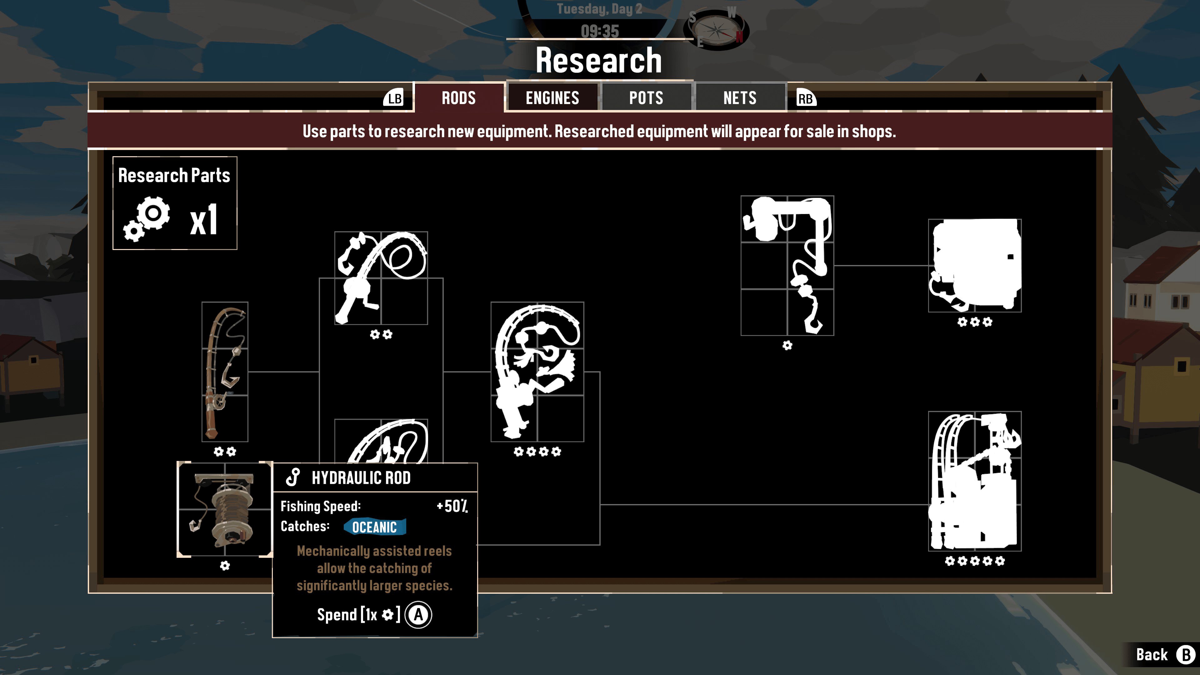 Dredge research menu showing rods and engines to unlock