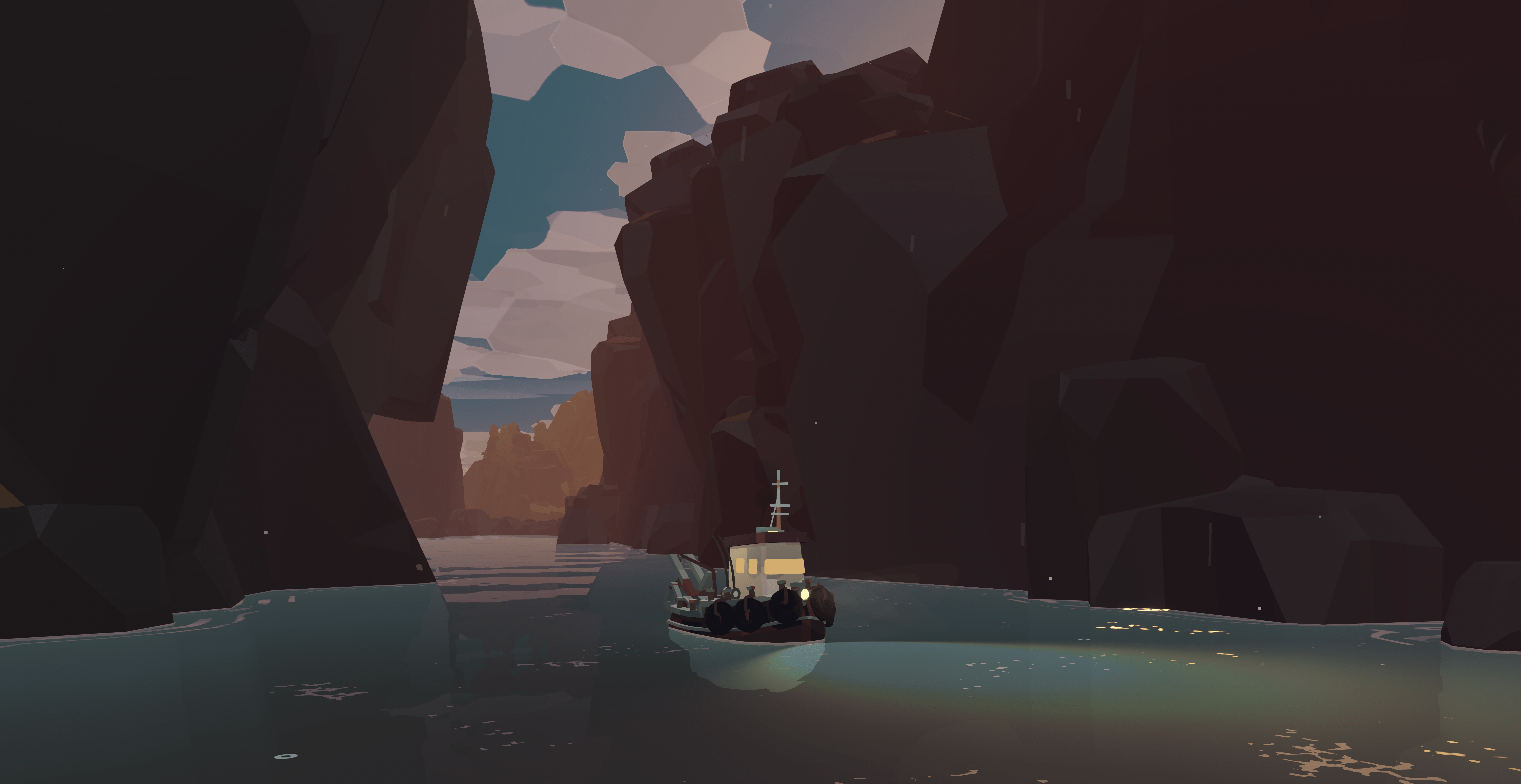 Dredge boat crossing a narrow rocky route that is safer in daylight