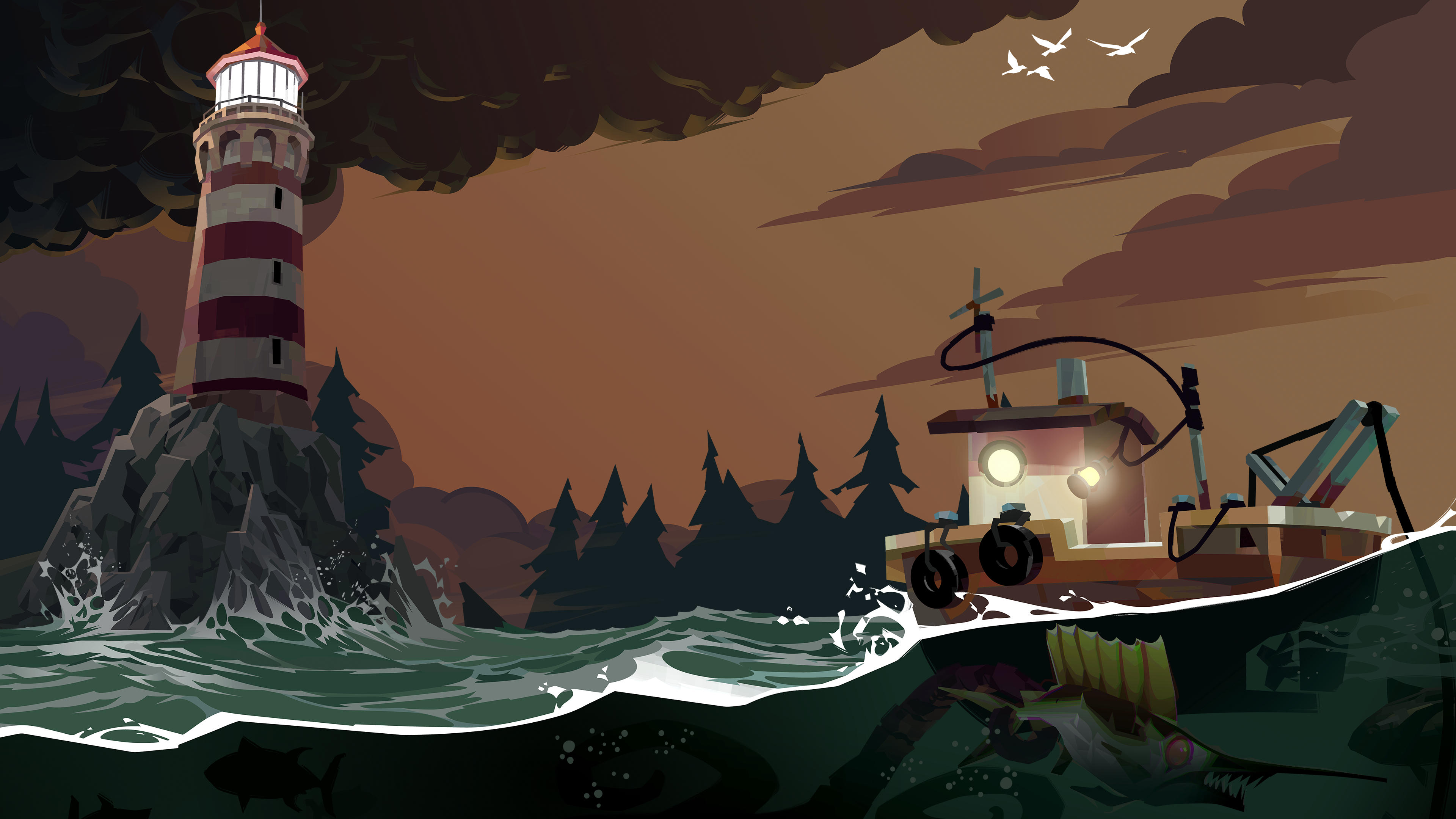 Dredge boat sailing near the Greater Marrow lighthouse before returning to port