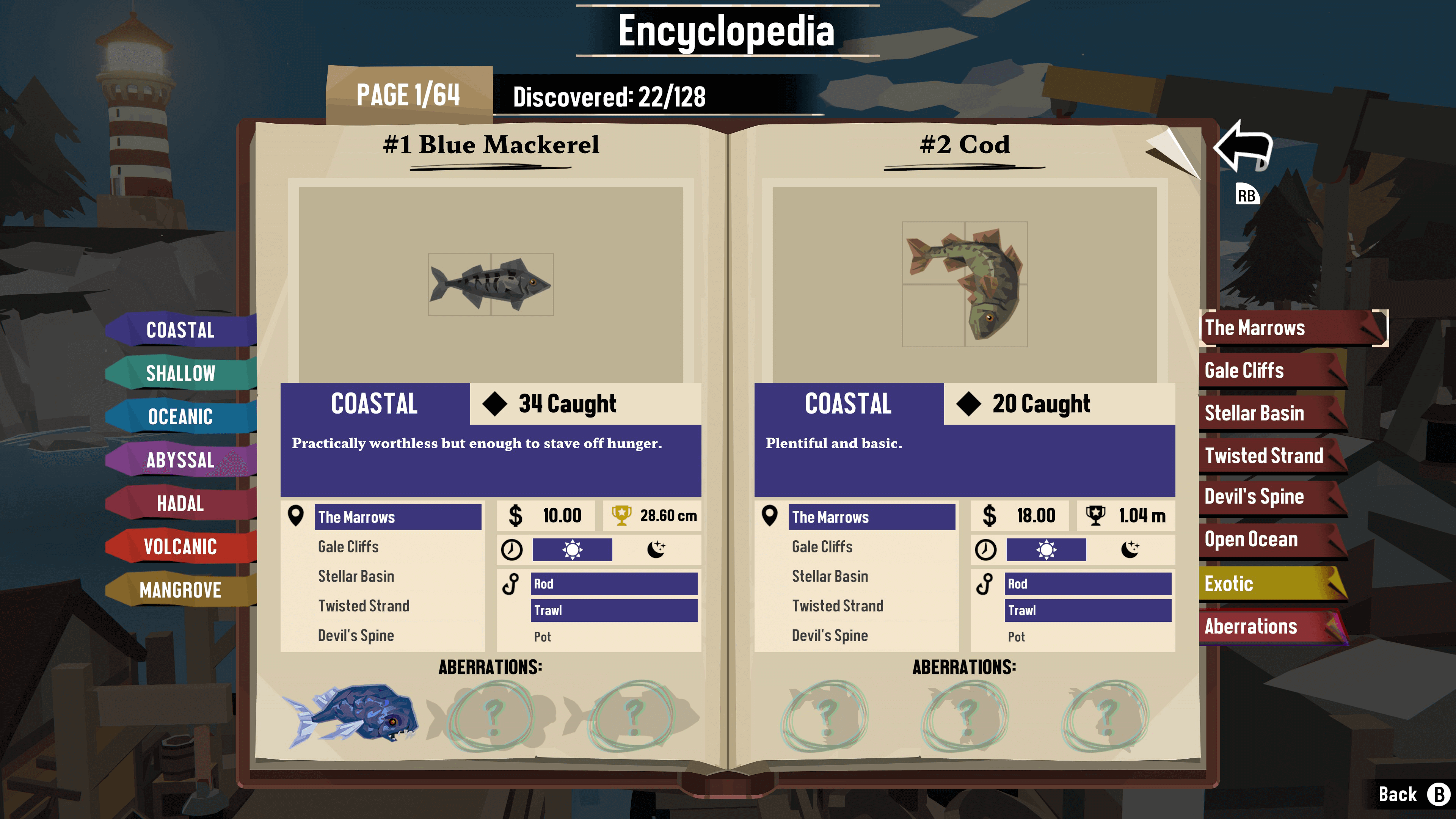 Dredge encyclopedia showing coastal fish conditions before a pursuit