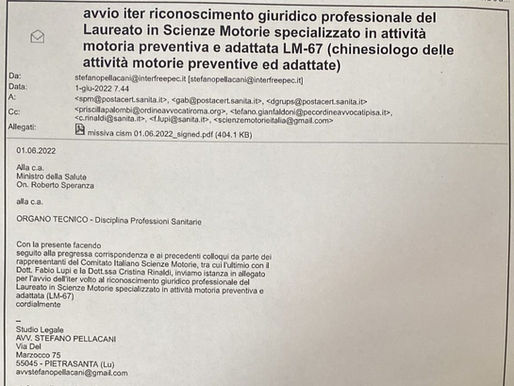 Chinesiologo LM-67 Nuova Professione Sanitaria, avviato l'Iter
