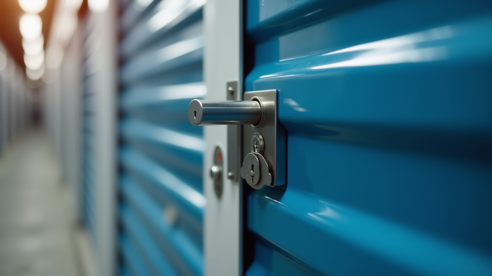 Close-up view of a storage unit door with a secure lock