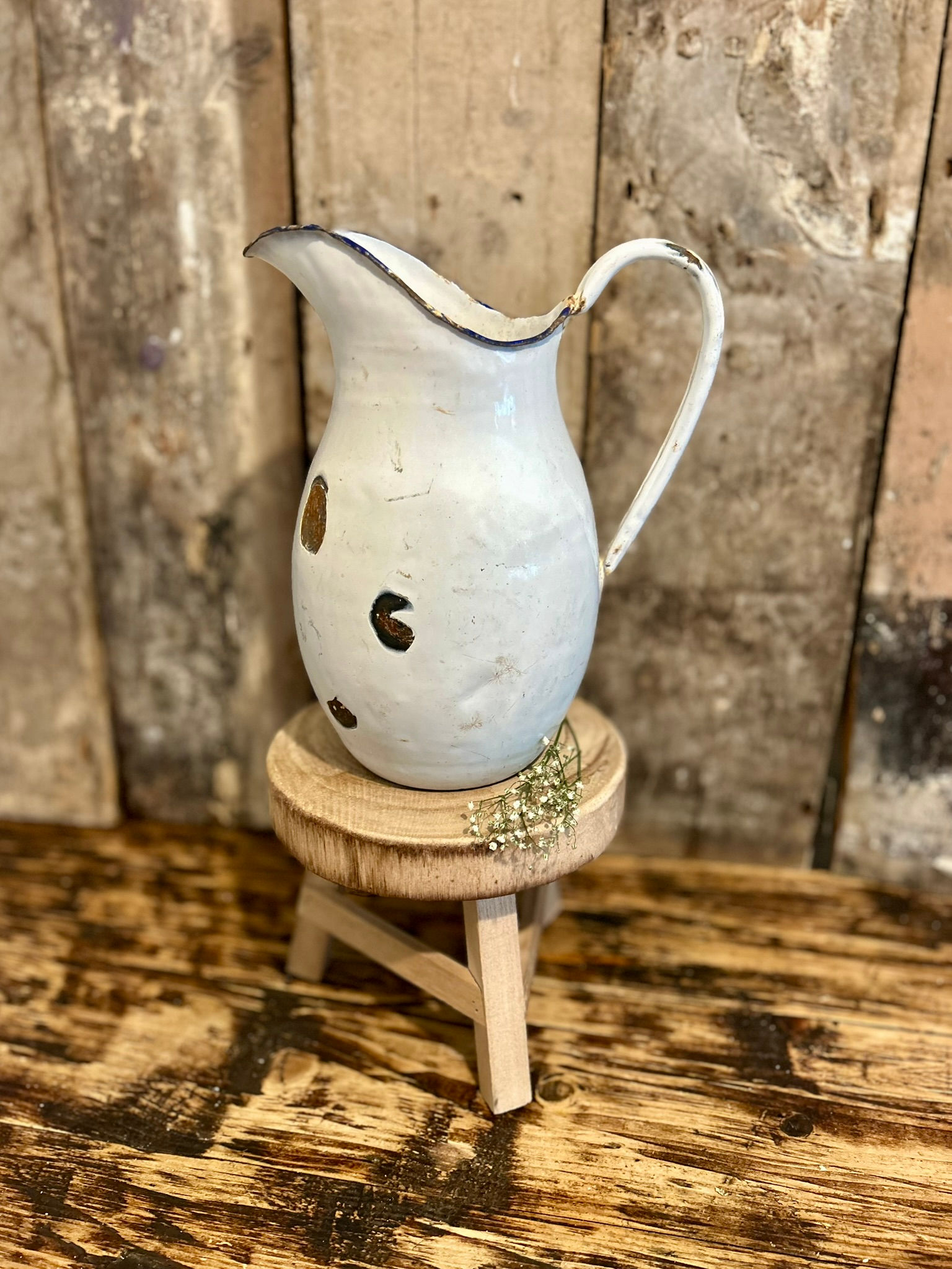 Antique Rustic French Enamel Water Jug. Circa 1920's.