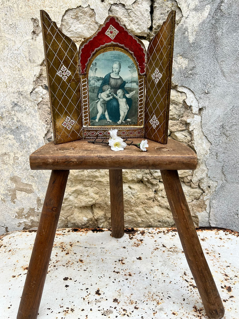 French Antique Triptych Depicting Madonna with Babies Jesus and John The Baptist