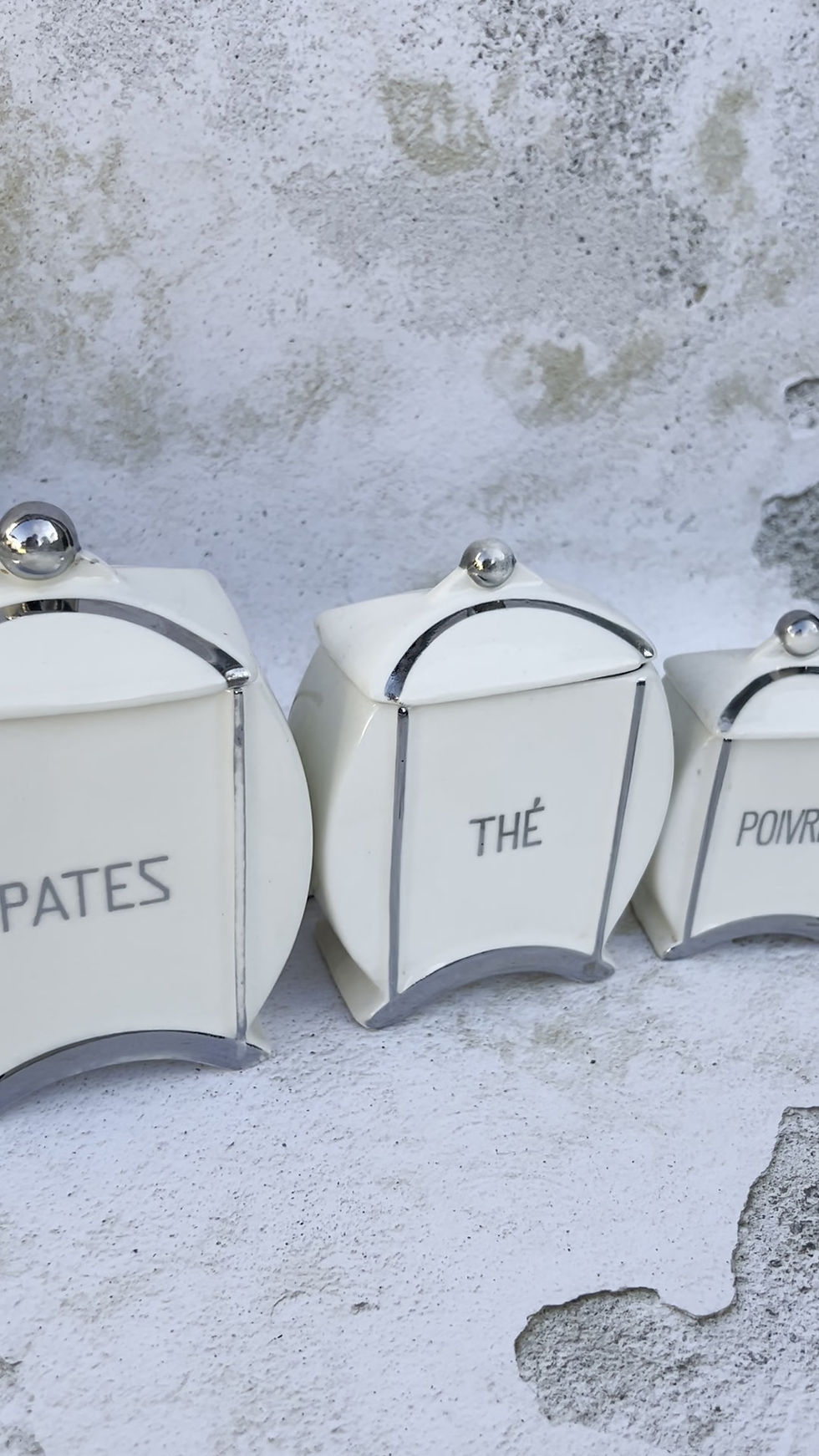 Thumbnail: Set of Six French Faience Art Deco Silver Plated Kitchen Storage Containers.
