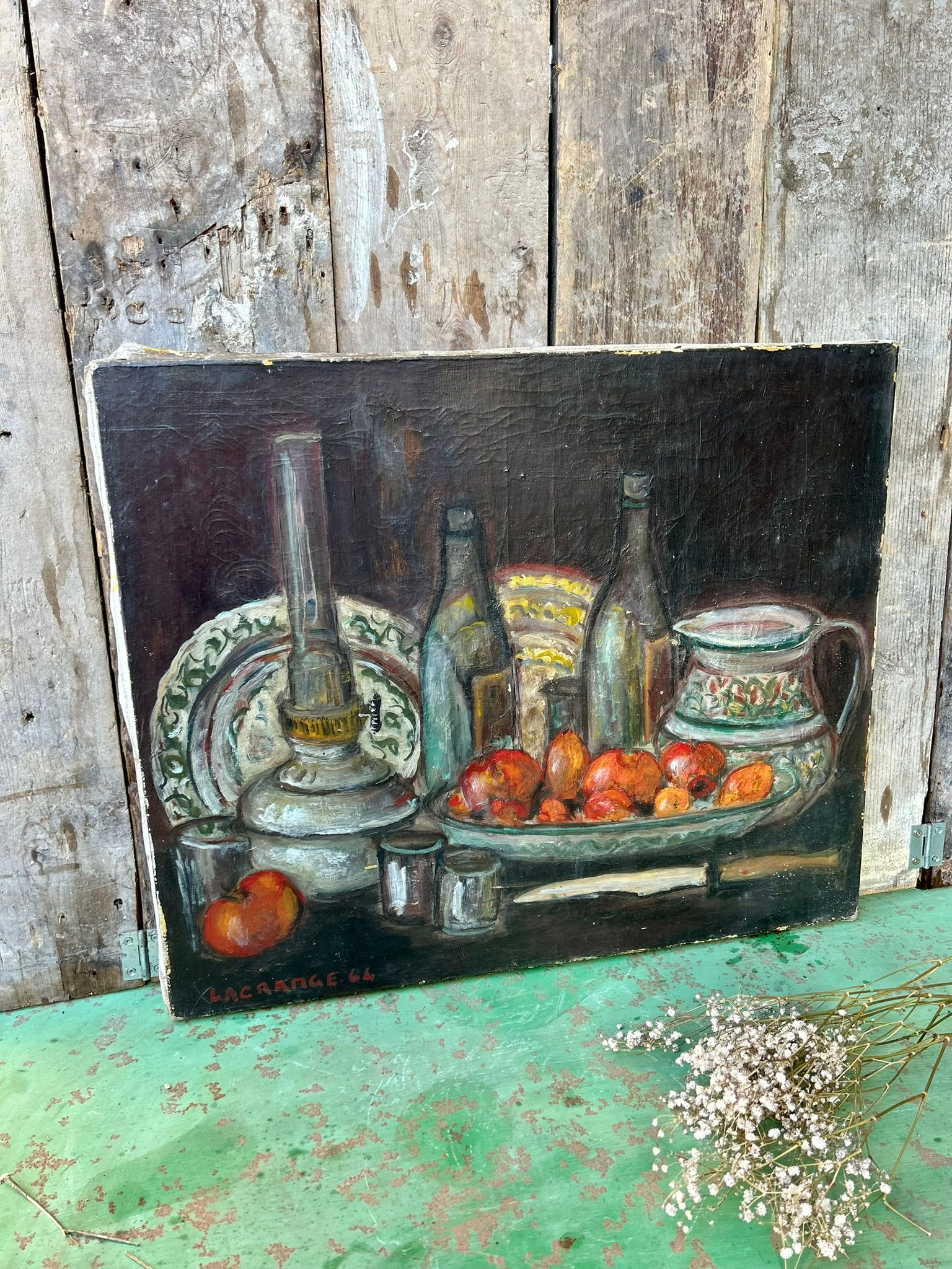 French Still Life or Nature Morte of a Table Scene. Oil on Canvas. Circa 1964.