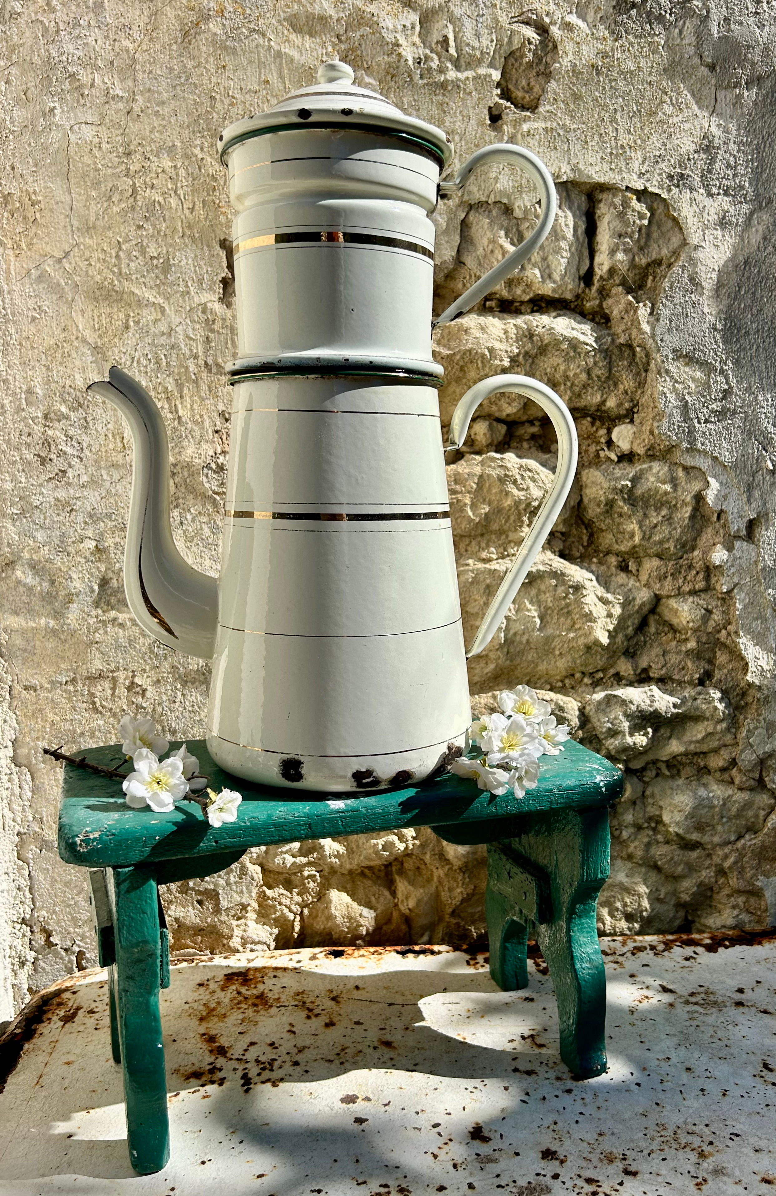 Stunning Large Antique French Cream and Gold Enamel Coffee Pot. Late 1800's.