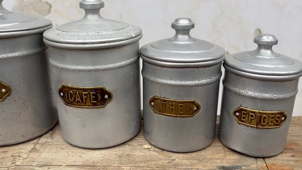 Thumbnail: Set of Five (5) Vintage French Aluminium Kitchen Canisters, Circa 1940's.