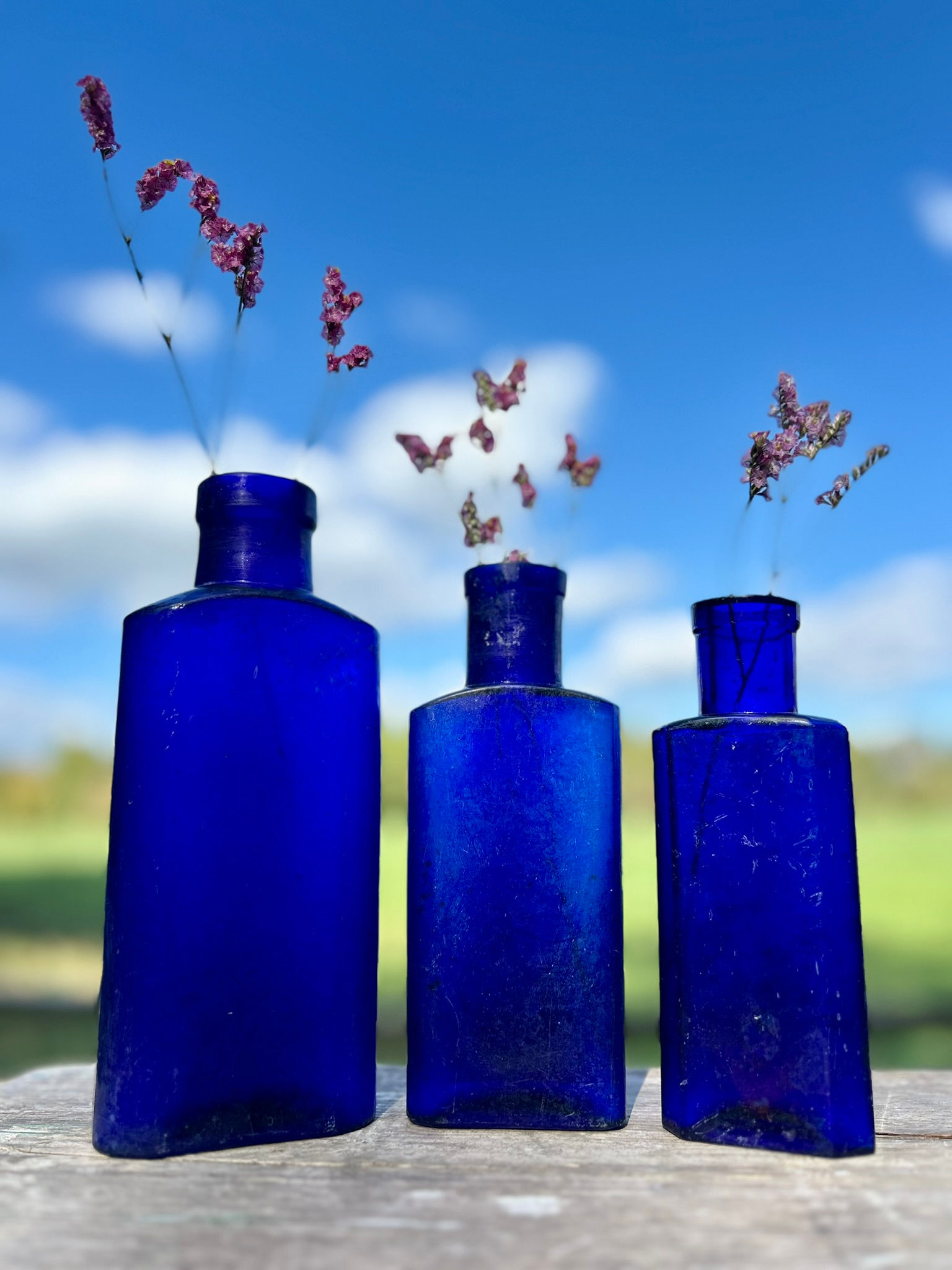 Trio of Antique Cobalt Blue Glass Bottles; Circa late 1800's.