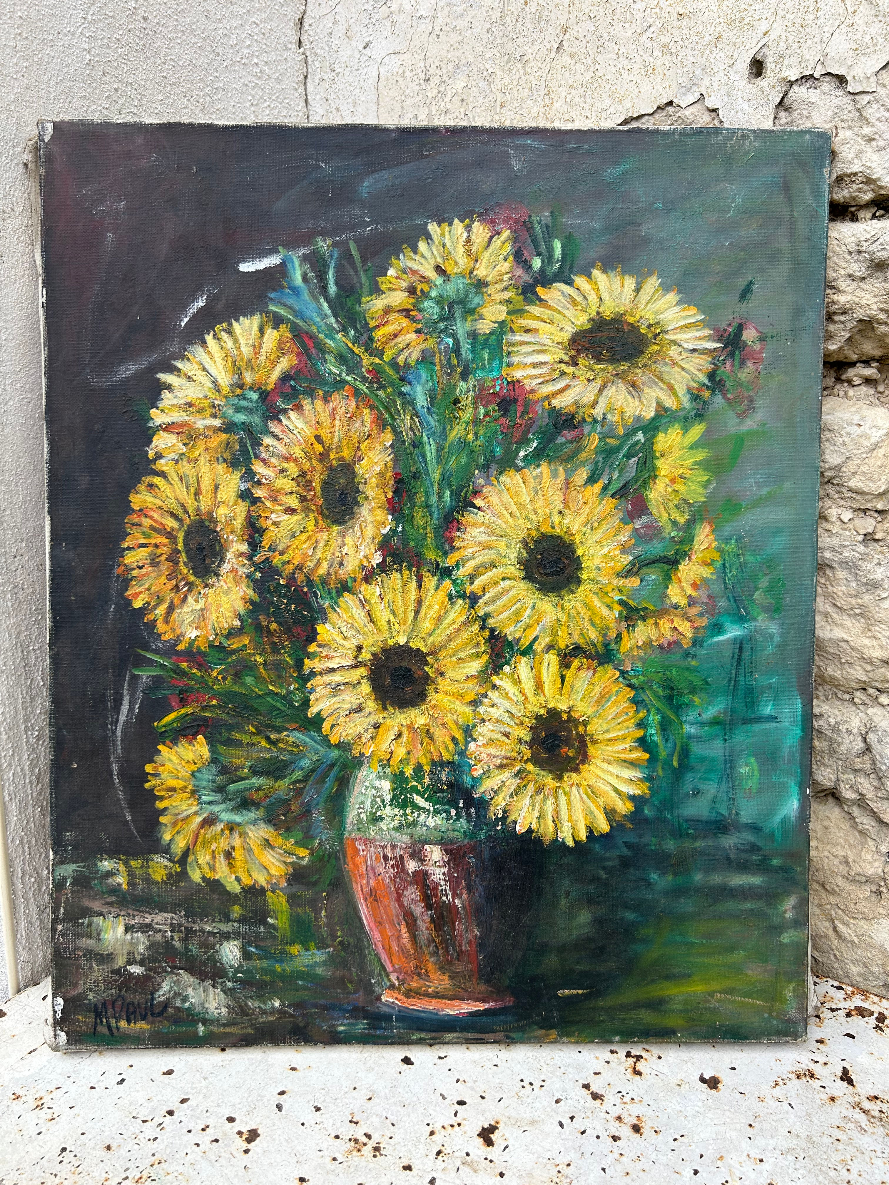 Antique Oil on Canvas Still Life of Sunflowers