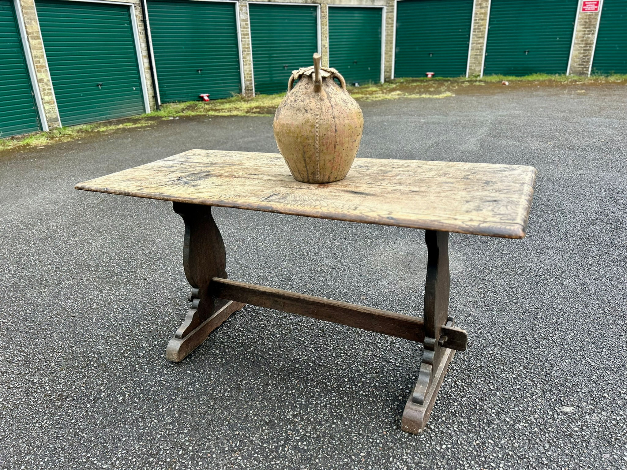 Unique Antique Oak Refectory / Kitchen Table with Trestle Legs. Circa 1800's.