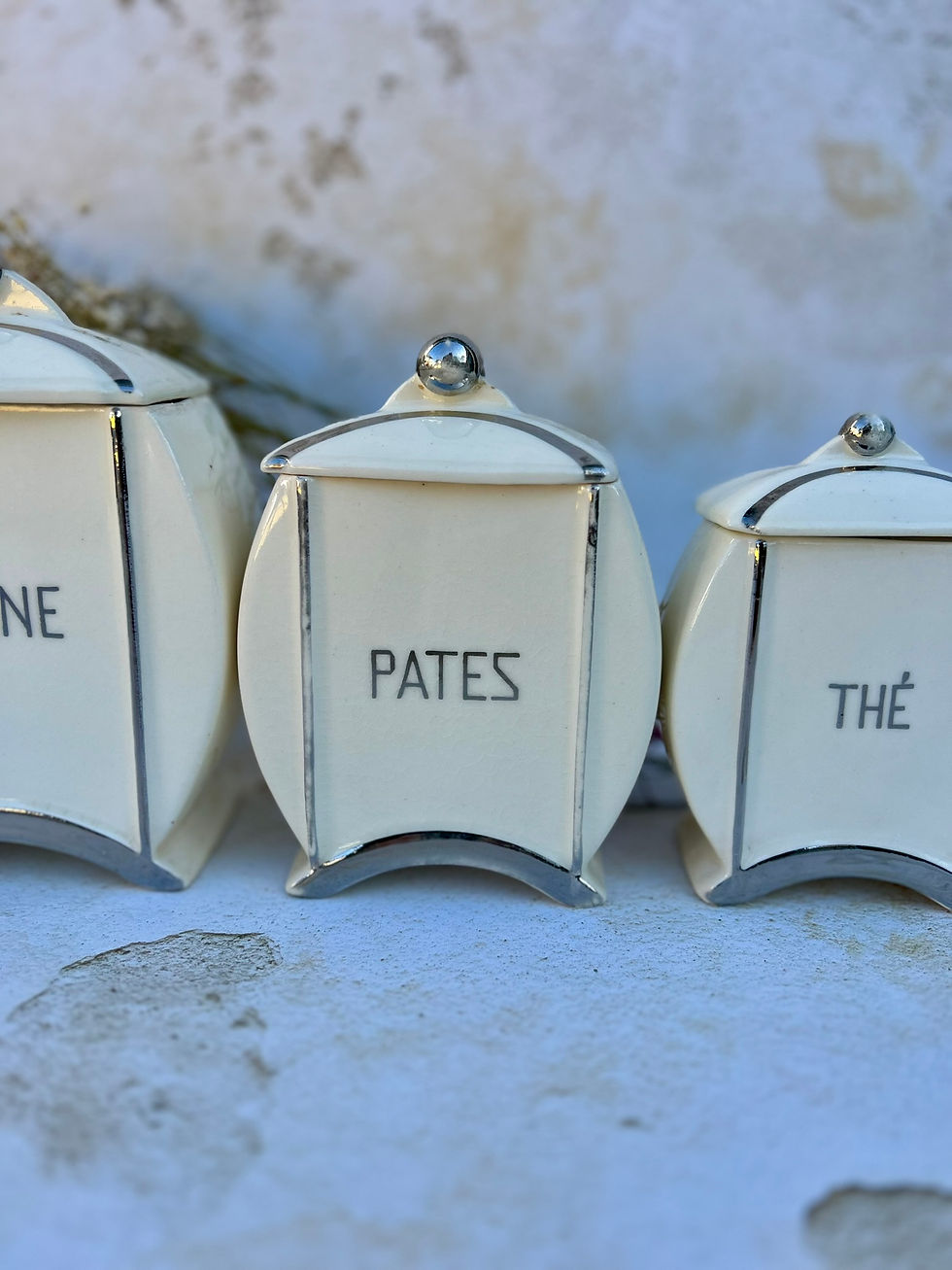 Thumbnail: Set of Six French Faience Art Deco Silver Plated Kitchen Storage Containers.