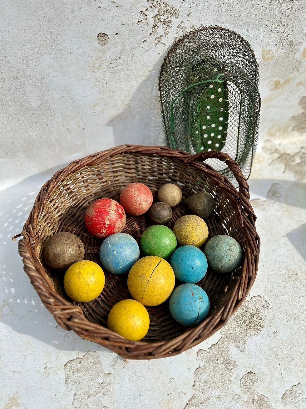Thumbnail: Collection of Vintage French Wooden Coloured Boules. Circa 1930's.