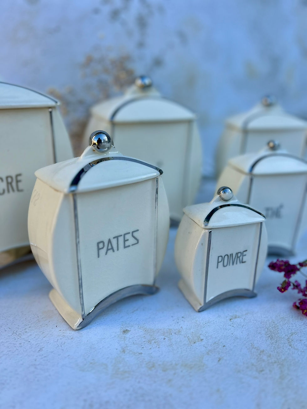 Thumbnail: Set of Six French Faience Art Deco Silver Plated Kitchen Storage Containers.