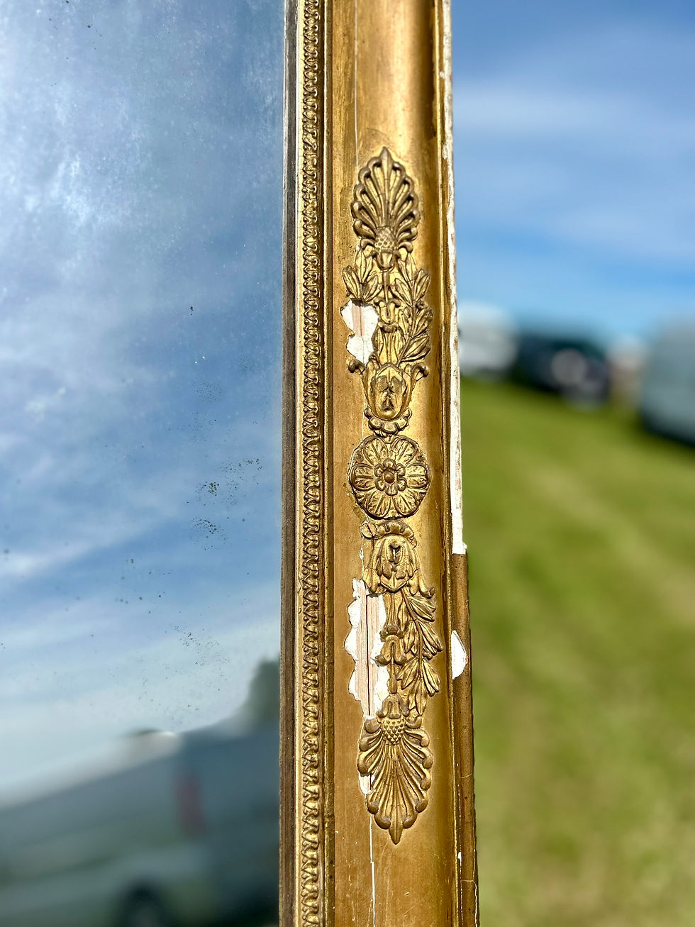 Thumbnail: Tall Antique French Gold Giltwood Mirror; Original Mirror Plate. Circa 1800's.