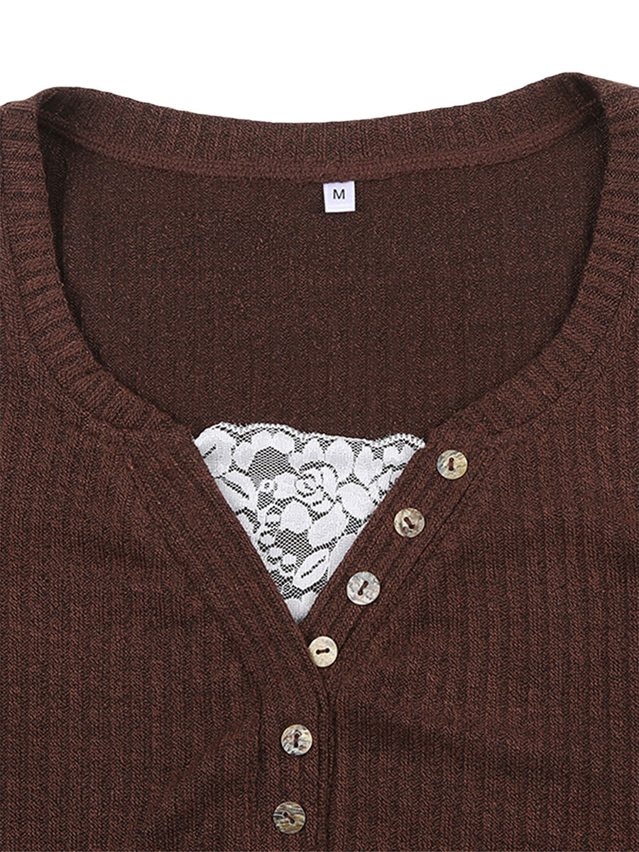 Thumbnail: Women Button Front Knit Tops Long Sleeve Lace Patchwork Slim Fit Sweater 