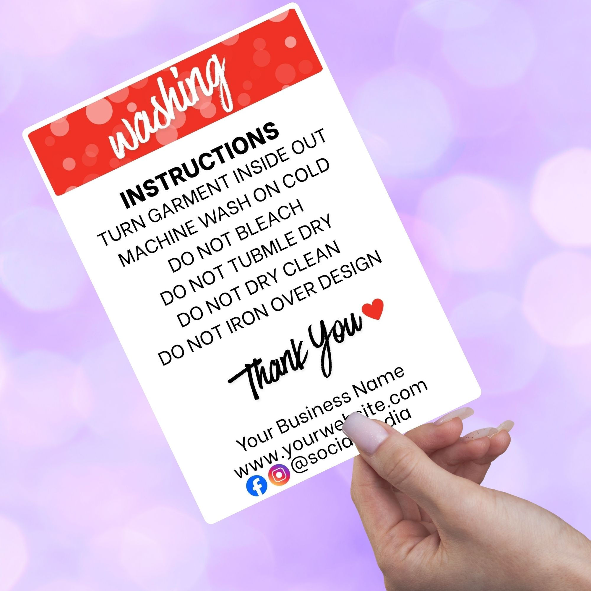 Personalised Aftercare Cards Washing - 20 Pack