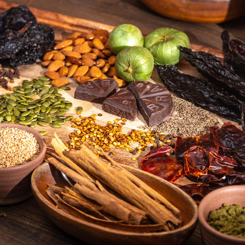 Mole Poblano raw ingredients including dried peppers, cinnamon, seeds, and spices on styled surface