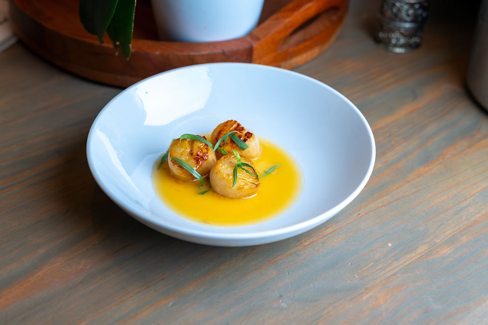 Seared scallops food photography in white bowl with golden sauce and garnish, clean natural light fo